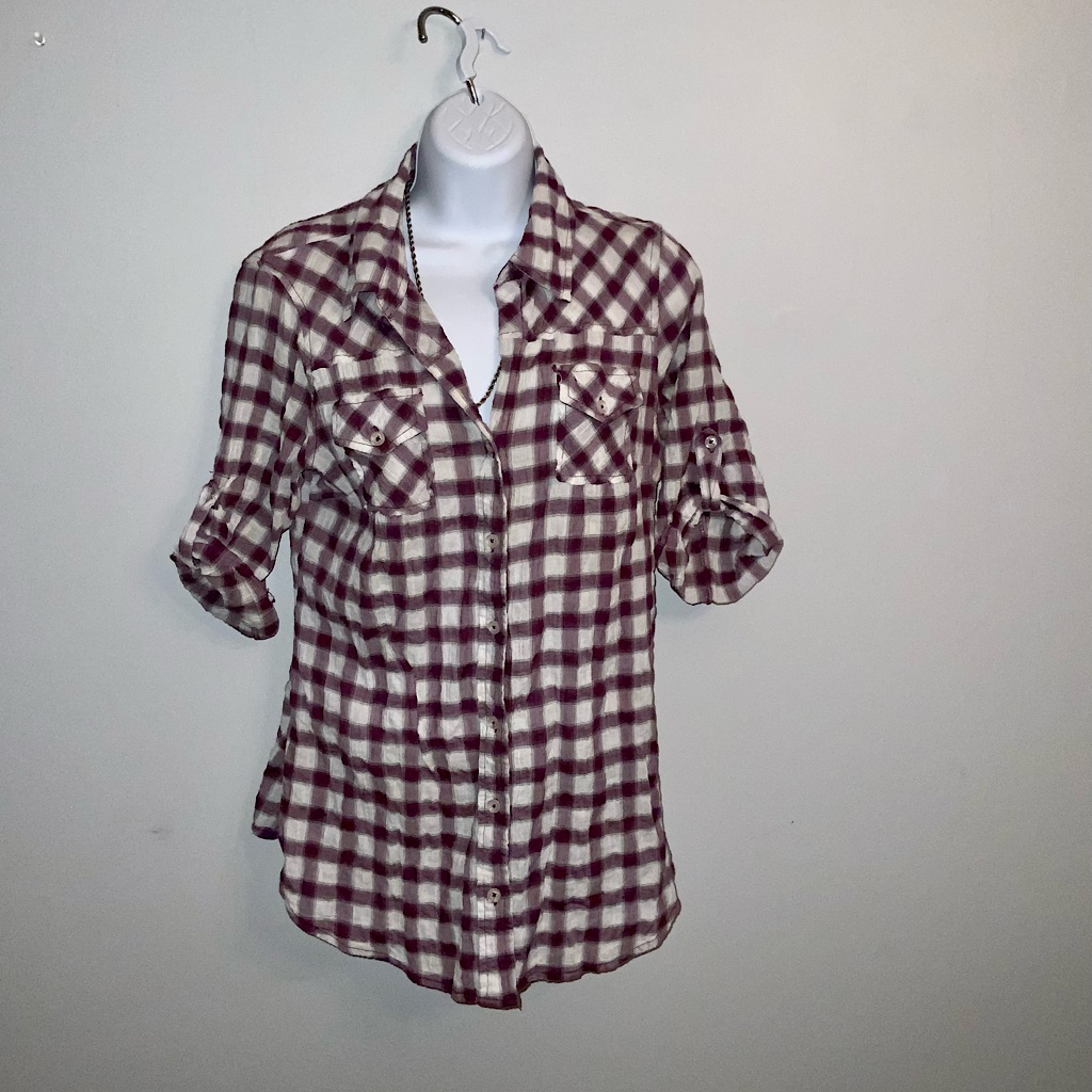 Vintage Pink  White Gingham Print Button Down Shirt Sz M